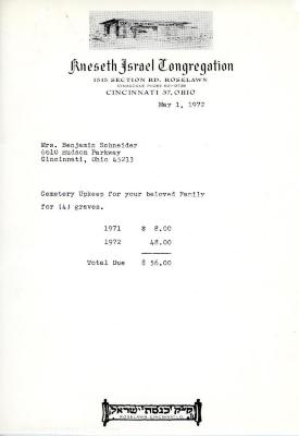 Cemetery upkeep statement for Benjamin Schneider from Kneseth Israel, May 1, 1972