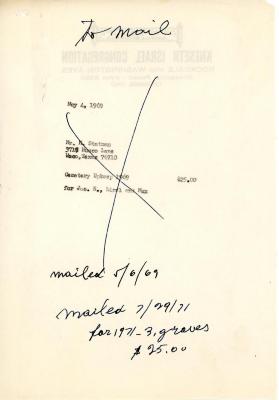 Cemetery upkeep statement for H. Statman from Kneseth Israel, May 4, 1969