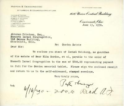 Letter from Seasongood to Kneseth Israel concerning a memorial tablet, June 13, 1930