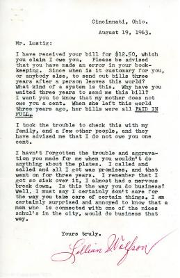 Letter from Lillian Wolfson to Kneseth Israel concerning dues, August 19, 1963