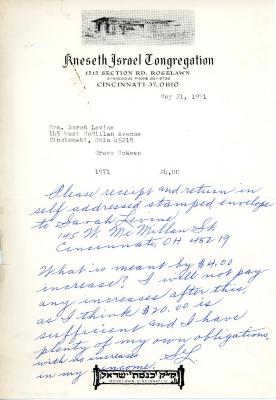 Cemetery upkeep statement for Sarah Levine from Kneseth Israel, May 21, 1971