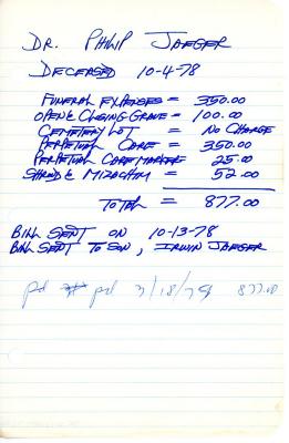 Philip Jaeger's cemetery account statement from Kneseth Israel, beginning October 4, 1978