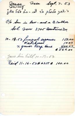 Isaac Iser's cemetery account statement from Kneseth Israel beginning October 19, 1953