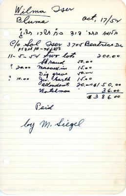 Wilma Iser's cemetery account statement from Kneseth Israel beginning November 5, 1952