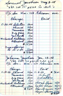 Samuel Jacobson's cemetery account statement from Kneseth Israel beginning May 23, 1944