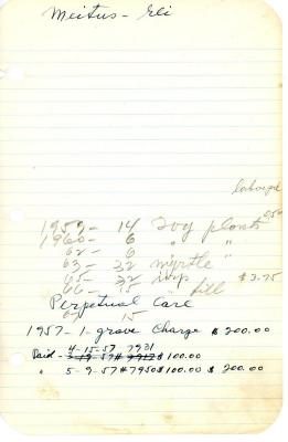 Eli Meitus's cemetery account statement from Kneseth Israel, beginning in 1959