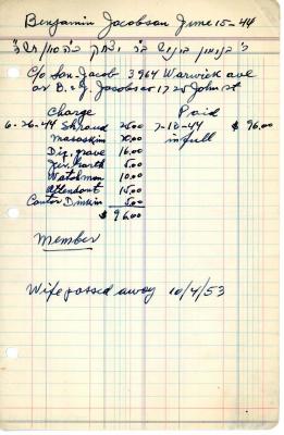 Benjamin Jacobson's cemetery account statement from Kneseth Israel beginning June 26, 1944
