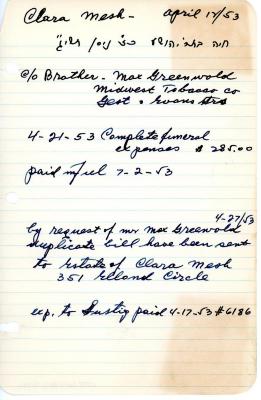 Clara Mesh's cemetery account statement from Kneseth Israel, beginning April 21, 1953