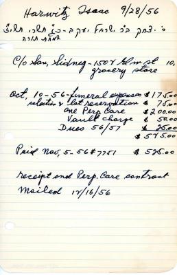 Isaac Horowitz's cemetery account statement from Kneseth Israel beginning October 10, 1956