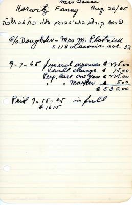 Fanny Horowitz's cemetery account statement from Kneseth Israel beginning September 7, 1965