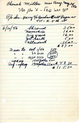 Chanah Miller's cemetery account statement from Kneseth Israel, beginning June 10, 1946