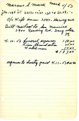 Marcus Mark's cemetery account statement from Kneseth Israel, beginning April 10, 1953