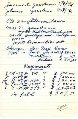 Sam Jacobson's cemetery account statement from Kneseth, beginning September 24, 1969