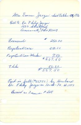 Emma Jaeger's cemetery account statement from Kneseth Israel, beginning October 23, 1972