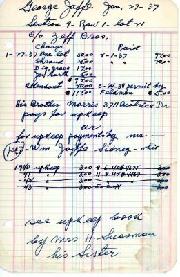 George Jaffe's cemetery account statement from Kneseth Israel, beginning January 27, 1937