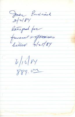 Emelich Iser's cemetery account statement from Kneseth Israel beginning February 3, 1984
