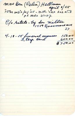 Celia Hellman's cemetery account statement from Kneseth Israel beginning April 18, 1955