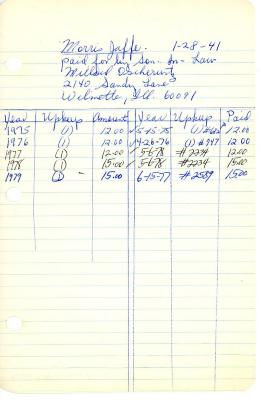 Morris Jaffe's cemetery account statement from Kneseth Israel, beginning in 1975