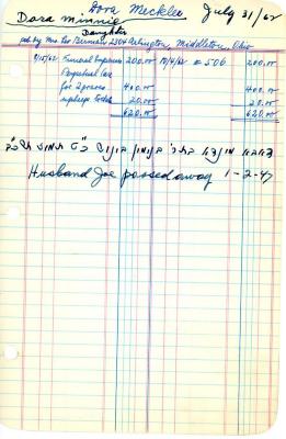 Dora Meckler's cemetery account statement from Kneseth Israel, beginning August 15, 1962