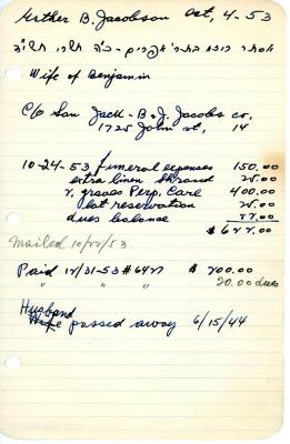 Esther Jacobson's cemetery account statement from Kneseth Israel beginning October 24, 1953