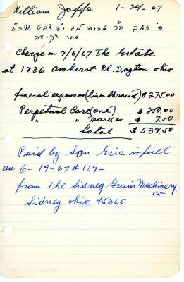 William Jaffe's cemetery account statement from Kneseth Israel, beginning February 6, 1967