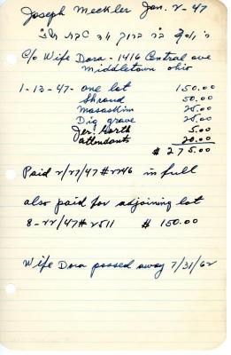 Joe Meckler's cemetery account statement from Kneseth Israel, beginning January 13, 1947