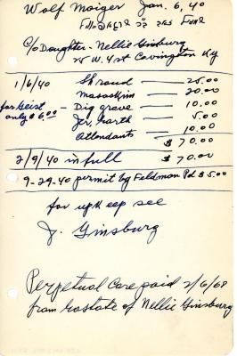 Wolf Moiger's cemetery account statement from Kneseth Israel, beginning January 6, 1940