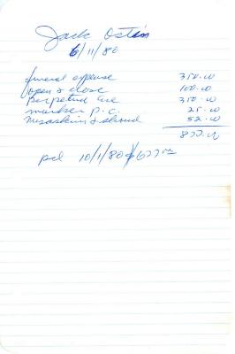 Jack Ostin's cemetery account statement from Kneseth Israel, beginning June 11, 1980
