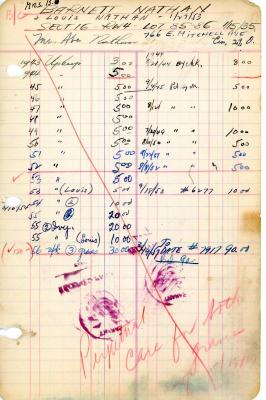 Barnett Nathan's cemetery account statement from Kneseth Israel, beginning in 1943
