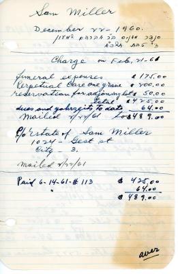 Sam Miller's cemetery account statement from Kneseth Israel, beginning February 22, 1961
