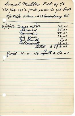Sam Miller's cemetery account statement from Kneseth Israel, beginning February 18, 1946