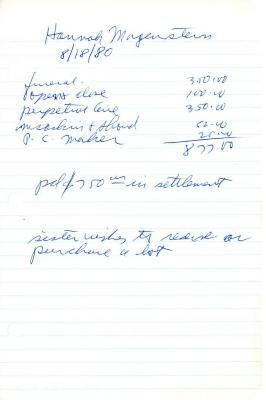 Hannah Morgenstern's cemetery account statement from Kneseth Israel, beginning August 18, 1980