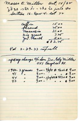 Moses Miller's cemetery account statement from Kneseth Israel, beginning March 29, 1933