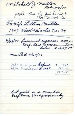 Mitchell Miller's cemetery account statement from Kneseth Israel, beginning March 23, 1970