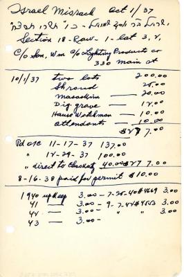 Israel Misrach's cemetery account statement from Kneseth Israel, beginning October 1, 1937
