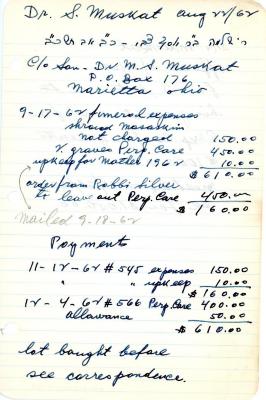Dr. M.S. Muskat's cemetery account statement from Kneseth Israel, beginning September 17, 1962