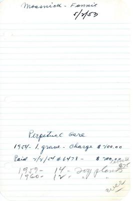 Fannie Moasnick's cemetery account statement from Kneseth Israel, beginning in 1954