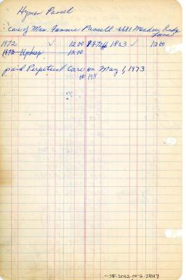 Hyman Passel's cemetery account statement from Kneseth Israel, beginning in 1944