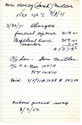 Sarah Miller's cemetery account statement from Kneseth Israel, beginning February 23, 1971