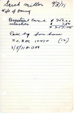 Sarah Miller's cemetery account statement from Kneseth Israel, beginning March 5, 1971