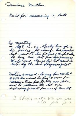 Isadore Nathan's cemetery account statement from Kneseth Israel, beginning September 16, 1963