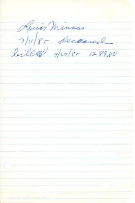 Louis Minsa's cemetery account statement from Kneseth Israel, beginning September 29, 1985