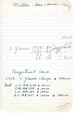 Miller Family's cemetery account statement from Kneseth Israel, beginning in 1956