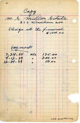 Moses Miller's cemetery account statement from Kneseth Israel, beginning in 1944