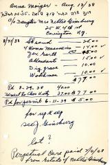 Anna Moiger's cemetery account statement from Kneseth Israel, beginning August 21, 1938