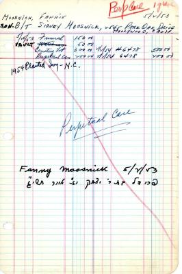Fannie Moosnick's cemetery account statement from Kneseth Israel, beginning May 25, 1953