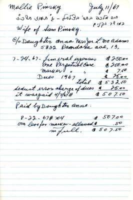Mollie Pinsky's cemetery account statement from Kneseth Israel, beginning July 24, 1967