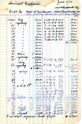 Sam Richards's cemetery account statement from Kneseth Israel, beginning July 5, 1950