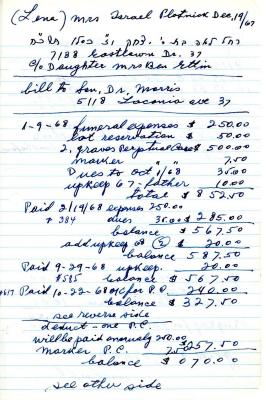 Lena Plotnick's cemetery account statement from Kneseth Israel, beginning in October 22, 1968