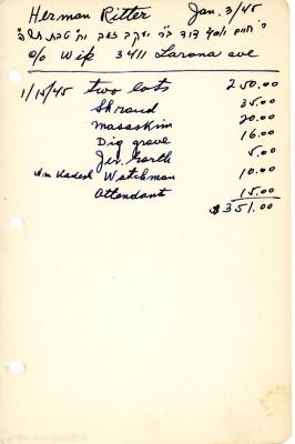 Herman Ritter's cemetery account statement from Kneseth Israel, beginning January 15, 1945